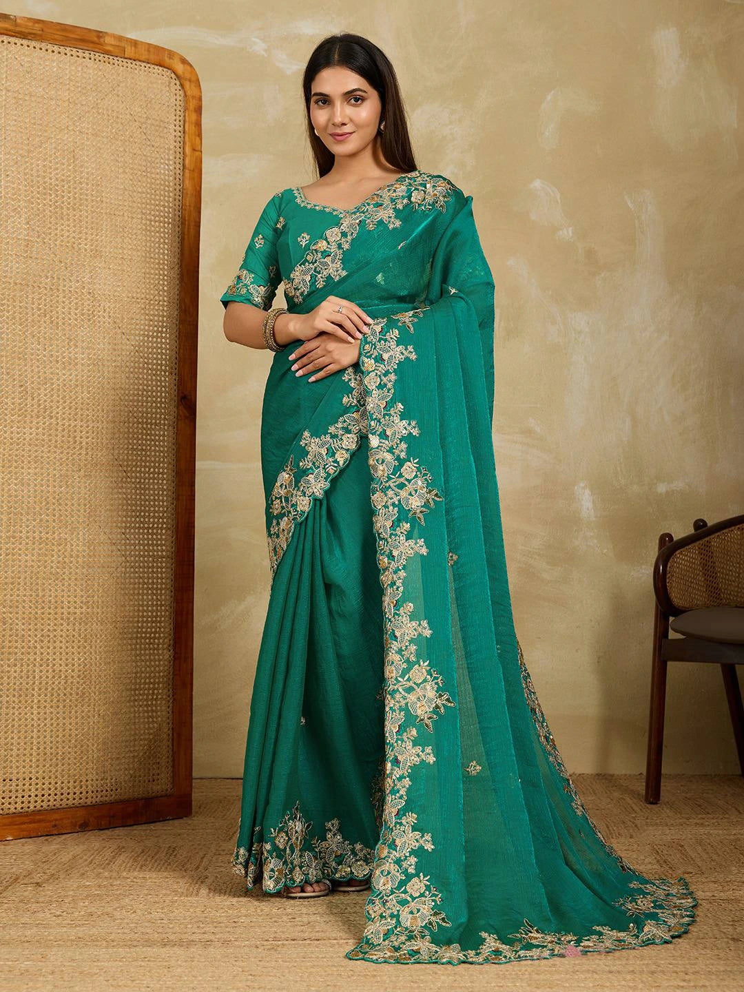 Sea Green Embroidery Work Soft Fendy Chiffon Saree
