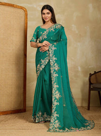 Sea Green Embroidery Work Soft Fendy Chiffon Saree
