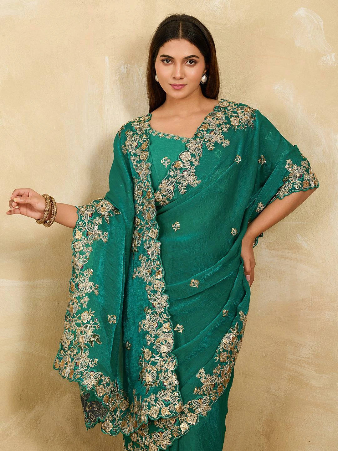 Sea Green Embroidery Work Soft Fendy Chiffon Saree