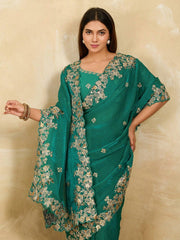 Sea Green Embroidery Work Soft Fendy Chiffon Saree