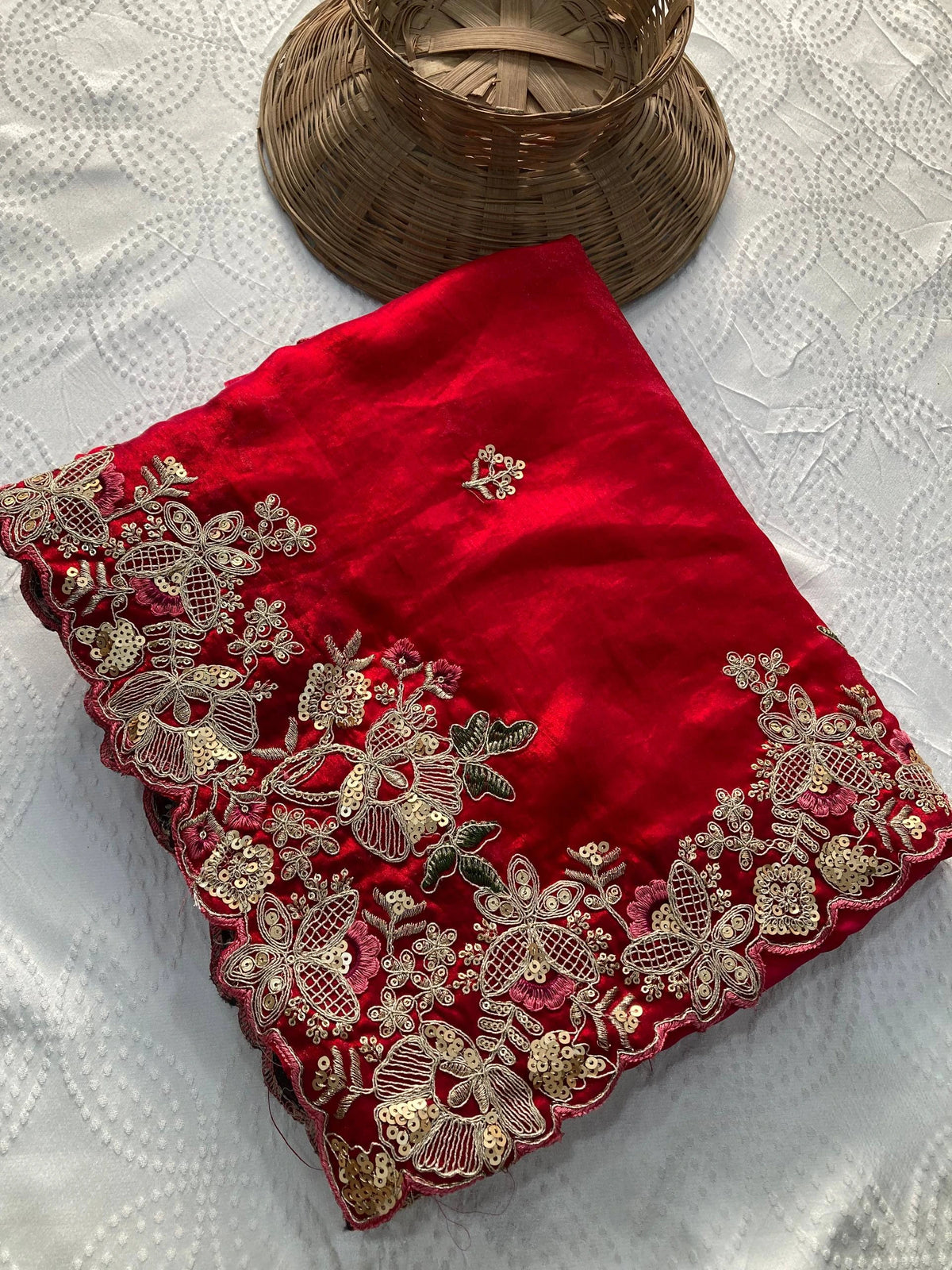 Dark Pink Embroidery Work Soft Fendy Chiffon Saree