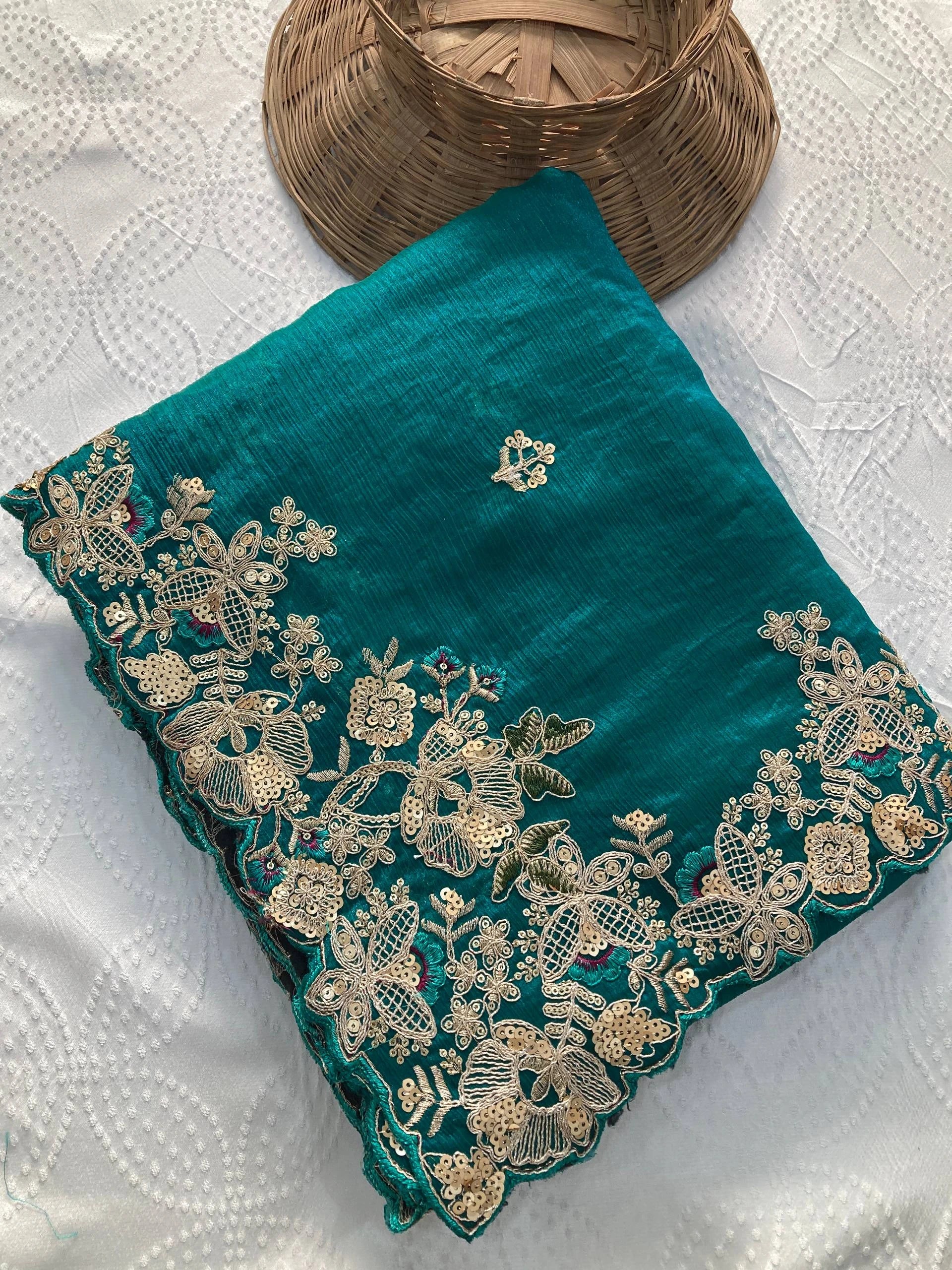 Sea Green Embroidery Work Soft Fendy Chiffon Saree
