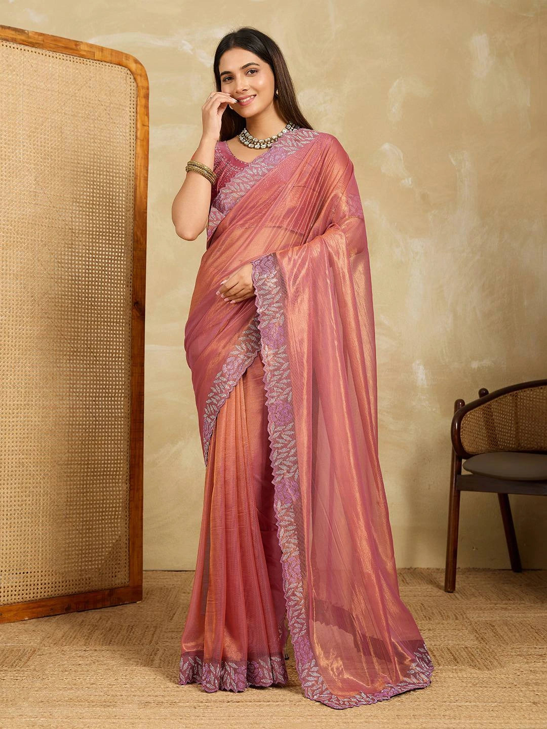 Soft Pink Swarovski Work Fendy Soft Net Saree