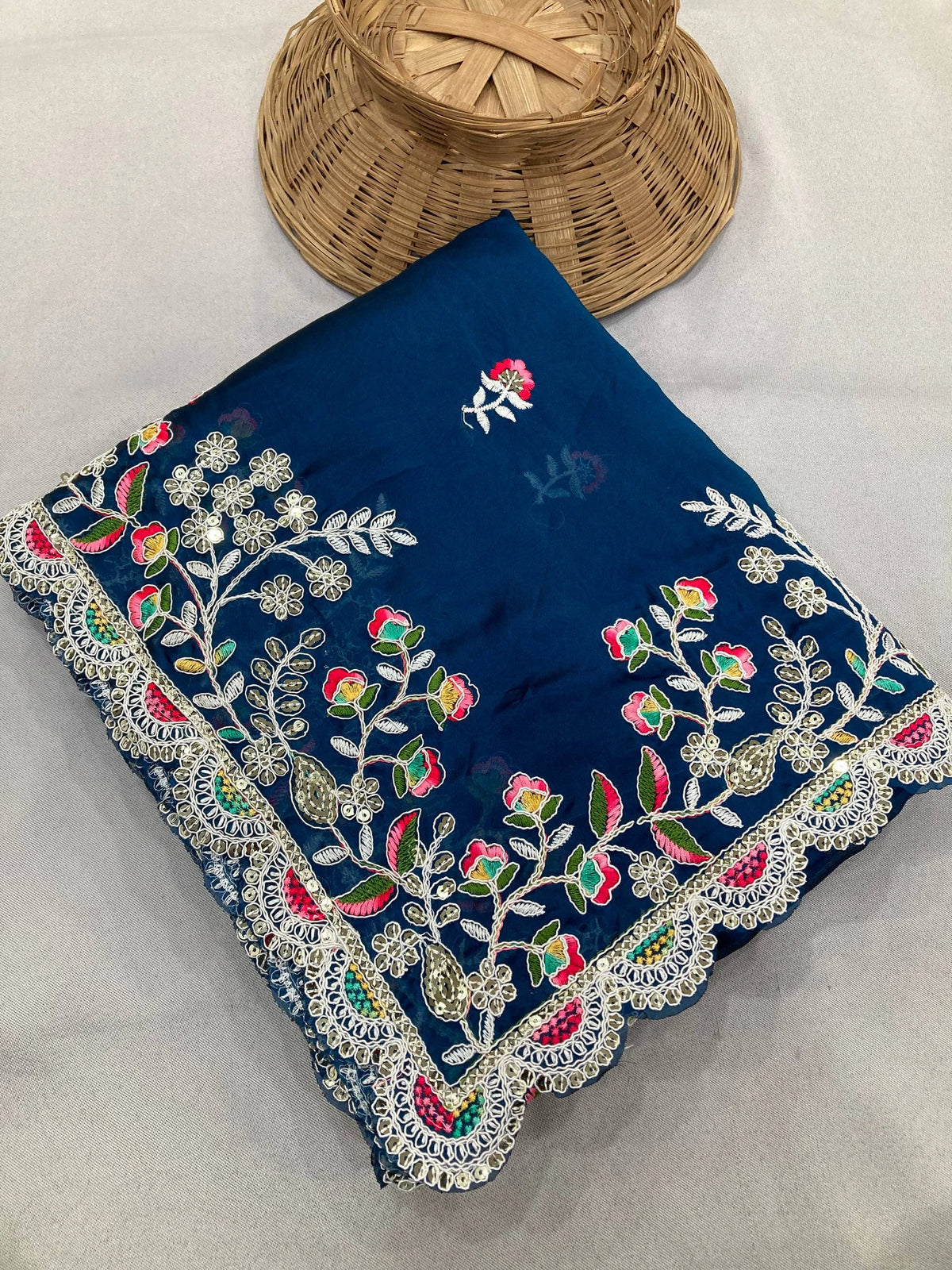 navy blue embroidery sequins work rangoli silk saree