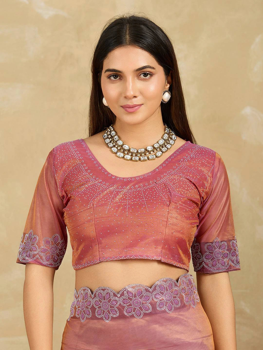 Pink Swarovski Work Fendy Soft Net Saree – Kalyanja

