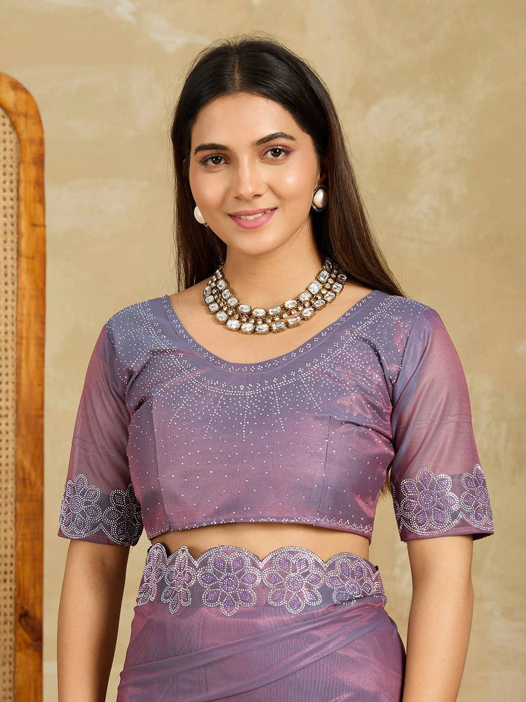 Lavender Fendy Soft Net Swarovski Work Saree