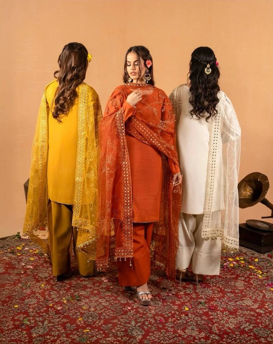 Orange Fancy Lace Border Natural Crepe Silk Suit – Kalyanja
