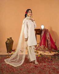 White Fancy Lace Border Natural Crepe Silk Suit