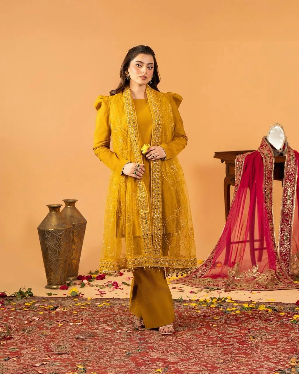 Musterd Yellow Fancy Lace Border Natural Crepe Silk Suit