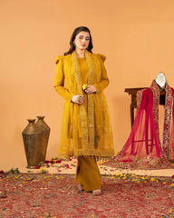 Musterd Yellow Fancy Lace Border Natural Crepe Silk Suit