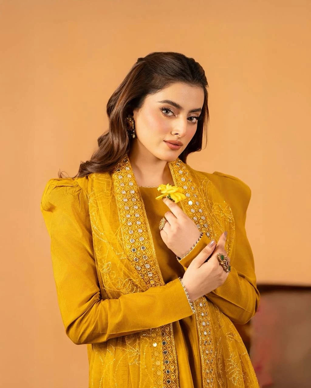 Musterd Yellow Fancy Lace Border Natural Crepe Silk Suit