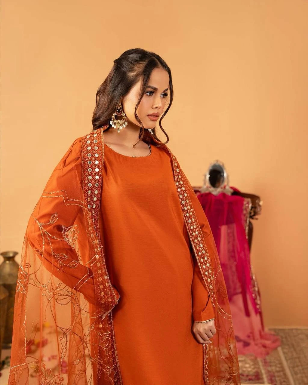 Orange Fancy Lace Border Natural Crepe Silk Suit
