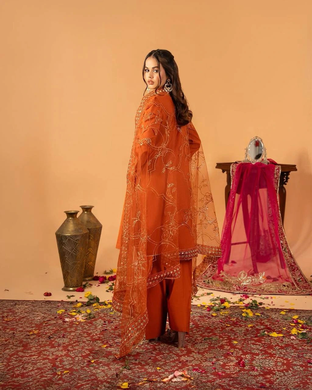 Orange Fancy Lace Border Natural Crepe Silk Suit