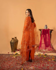 Orange Fancy Lace Border Natural Crepe Silk Suit