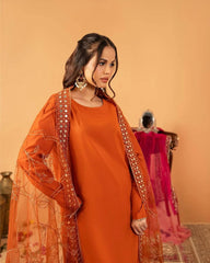 Orange Fancy Lace Border Natural Crepe Silk Suit