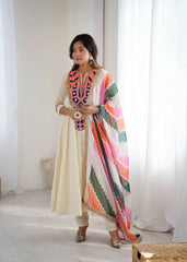 Off White Embroidery Sequins & Mirror Work Khadi Cotton Suit