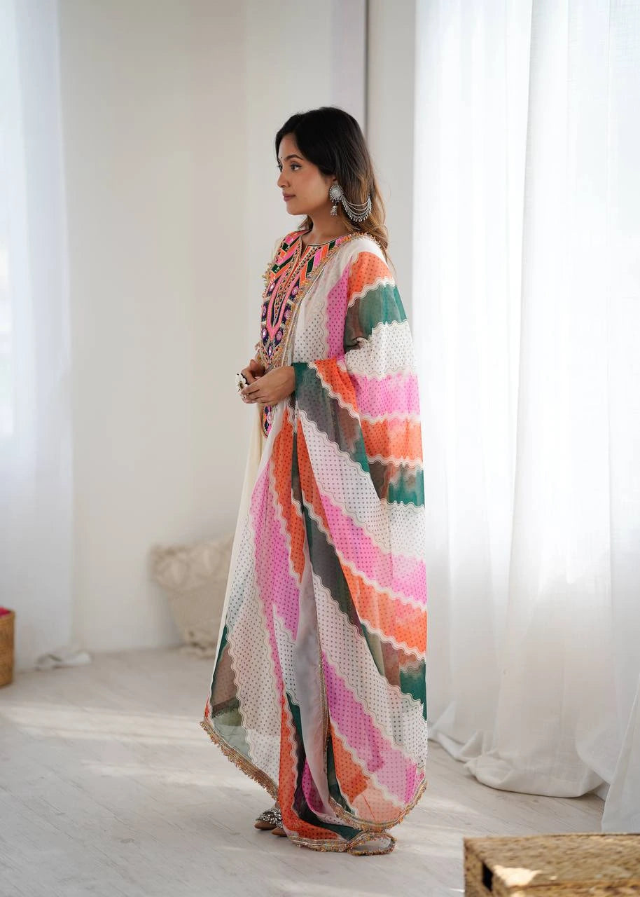 Off White Embroidery Sequins & Mirror Work Khadi Cotton Suit