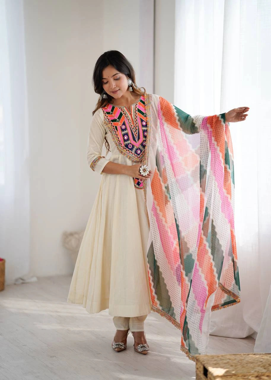 Off White Embroidery Sequins & Mirror Work Khadi Cotton Suit