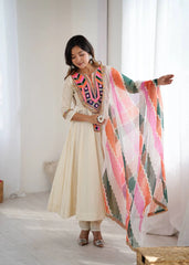Off White Embroidery Sequins & Mirror Work Khadi Cotton Suit