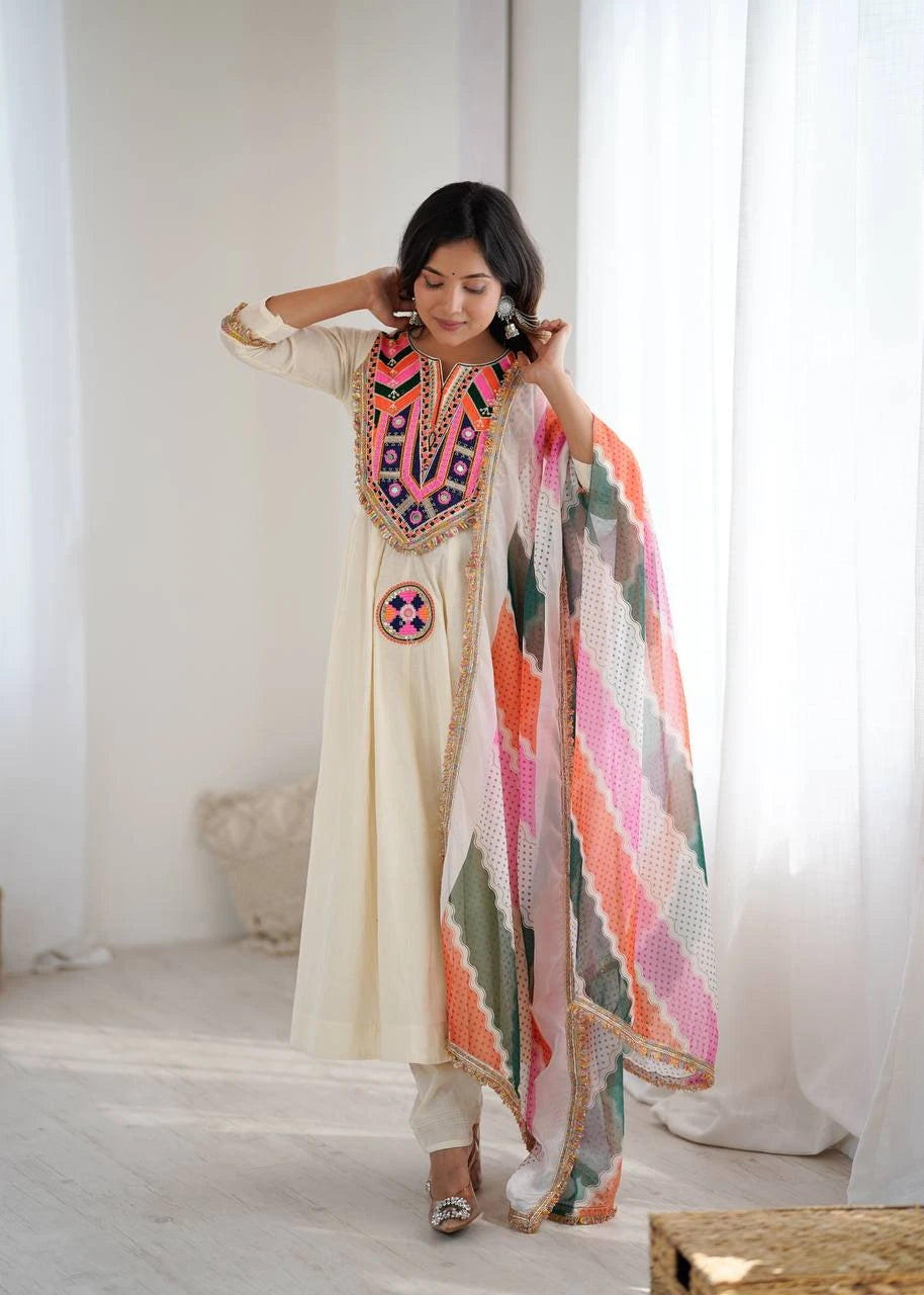 Off White Embroidery Sequins & Mirror Work Khadi Cotton Suit – Kalyanja
