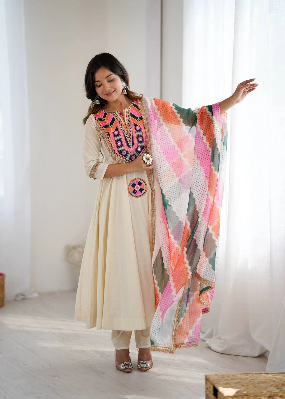 Off White Embroidery Sequins & Mirror Work Khadi Cotton Suit - kalyanja