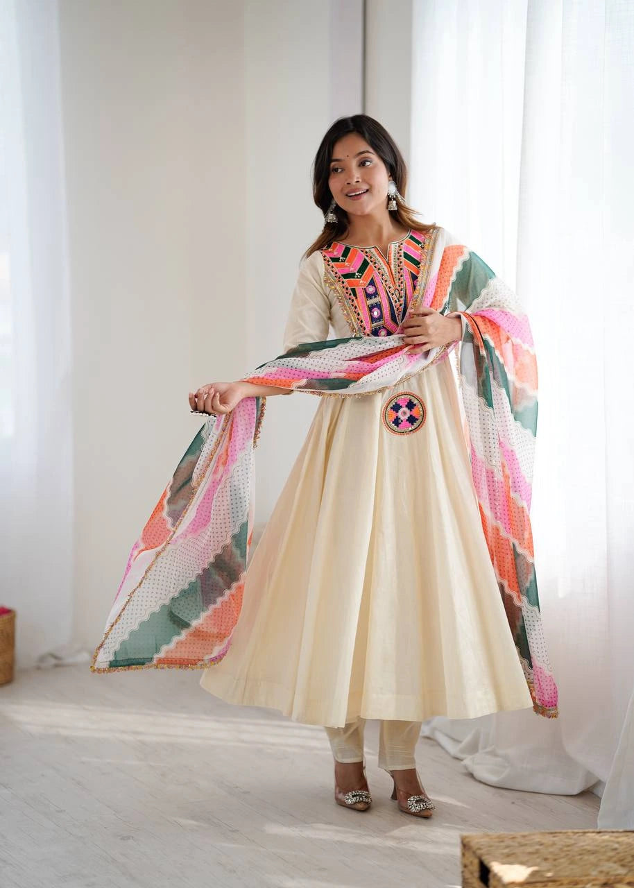 Off White Embroidery Sequins & Mirror Work Khadi Cotton Suit – Kalyanja