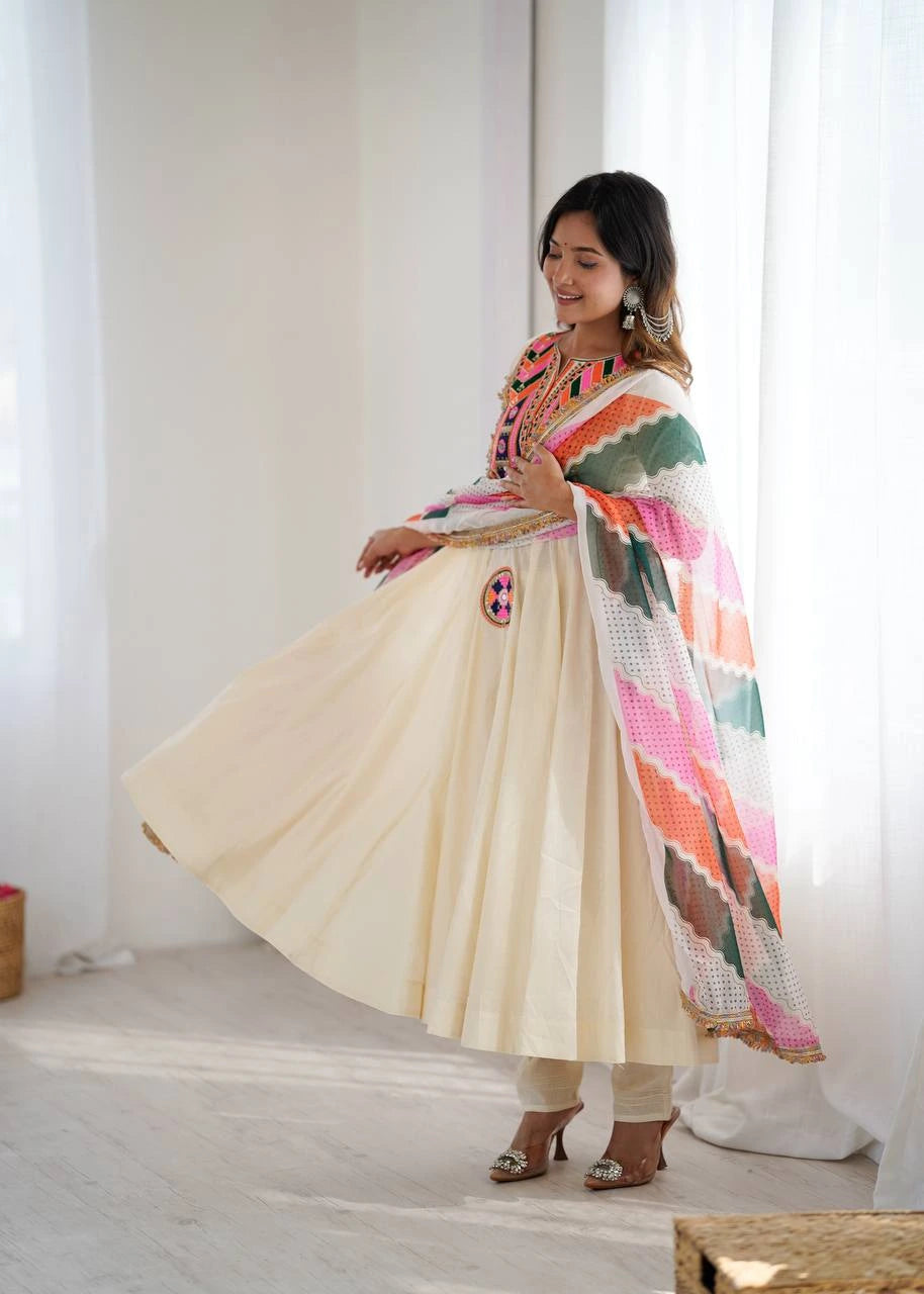 Off White Embroidery Sequins & Mirror Work Khadi Cotton Suit - kalyanja