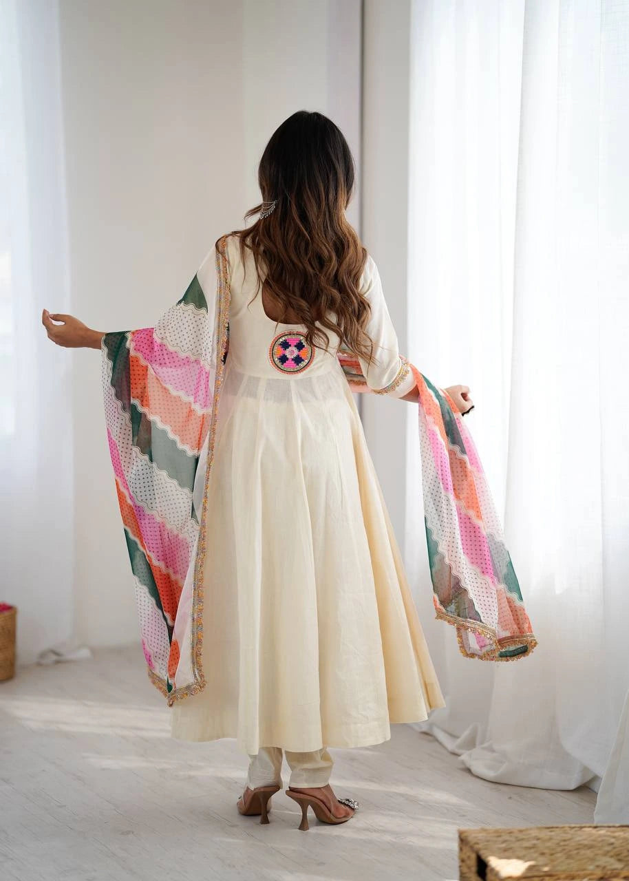 Off White Embroidery Sequins & Mirror Work Khadi Cotton Suit - kalyanja