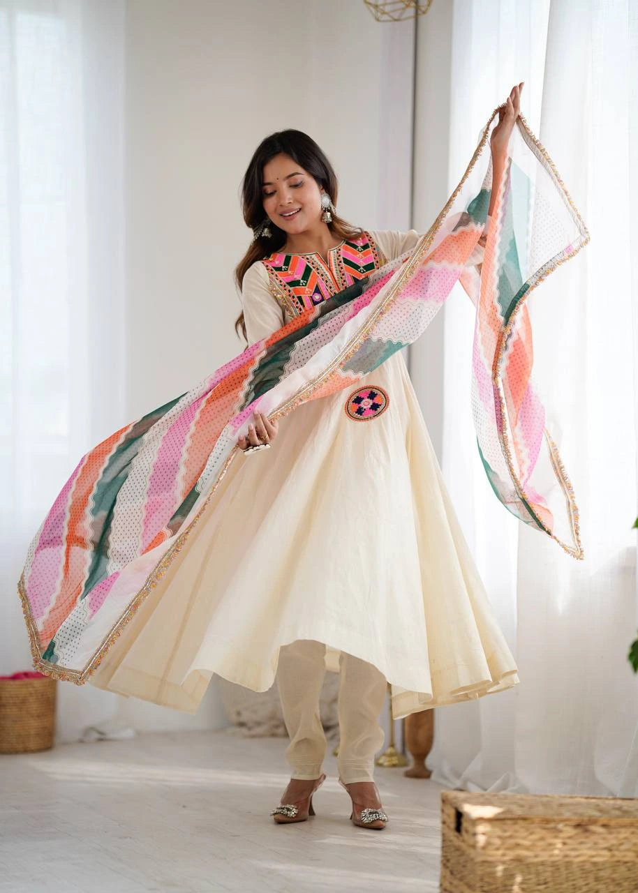 Off White Embroidery Sequins & Mirror Work Khadi Cotton Suit