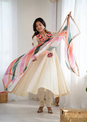 Off White Embroidery Sequins & Mirror Work Khadi Cotton Suit