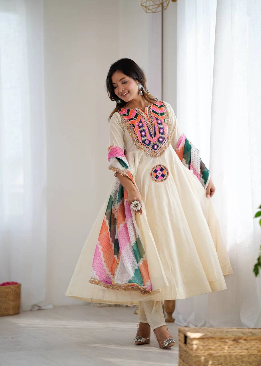 Off White Embroidery Sequins & Mirror Work Khadi Cotton Suit
