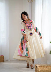 Off White Embroidery Sequins & Mirror Work Khadi Cotton Suit