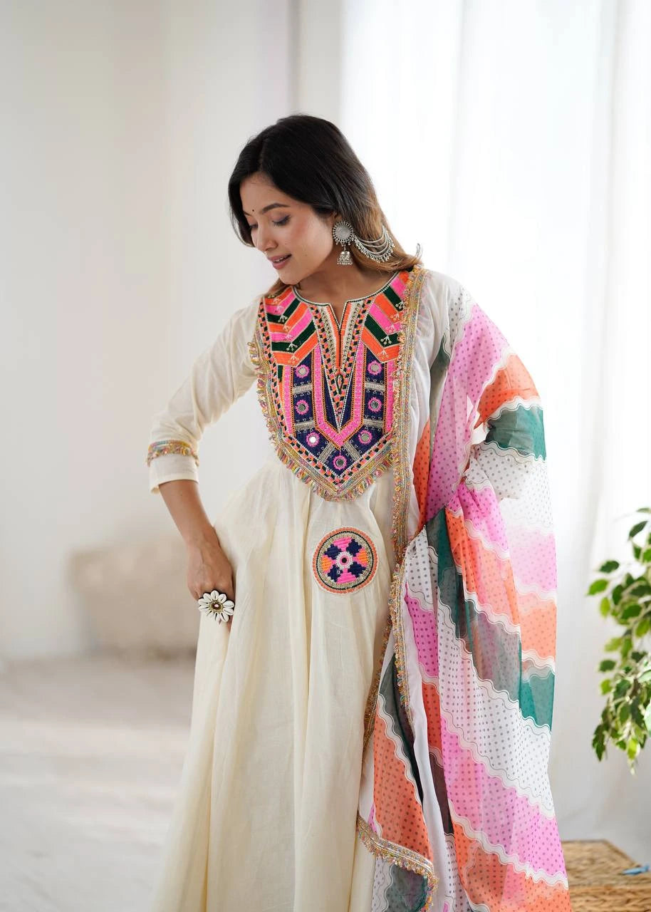 Off White Embroidery Sequins & Mirror Work Khadi Cotton Suit