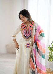 Off White Embroidery Sequins & Mirror Work Khadi Cotton Suit