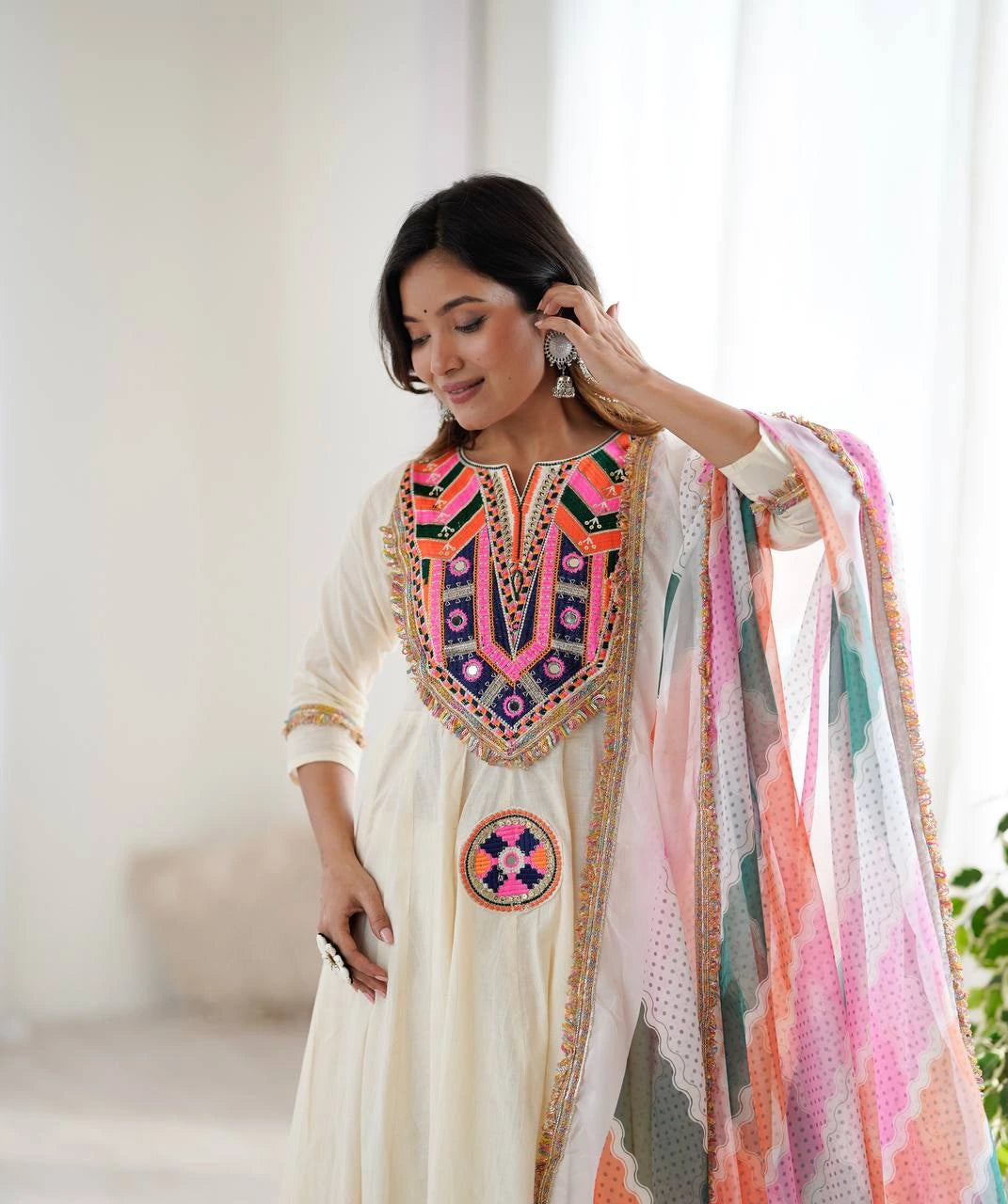 Off White Embroidery Sequins & Mirror Work Khadi Cotton Suit