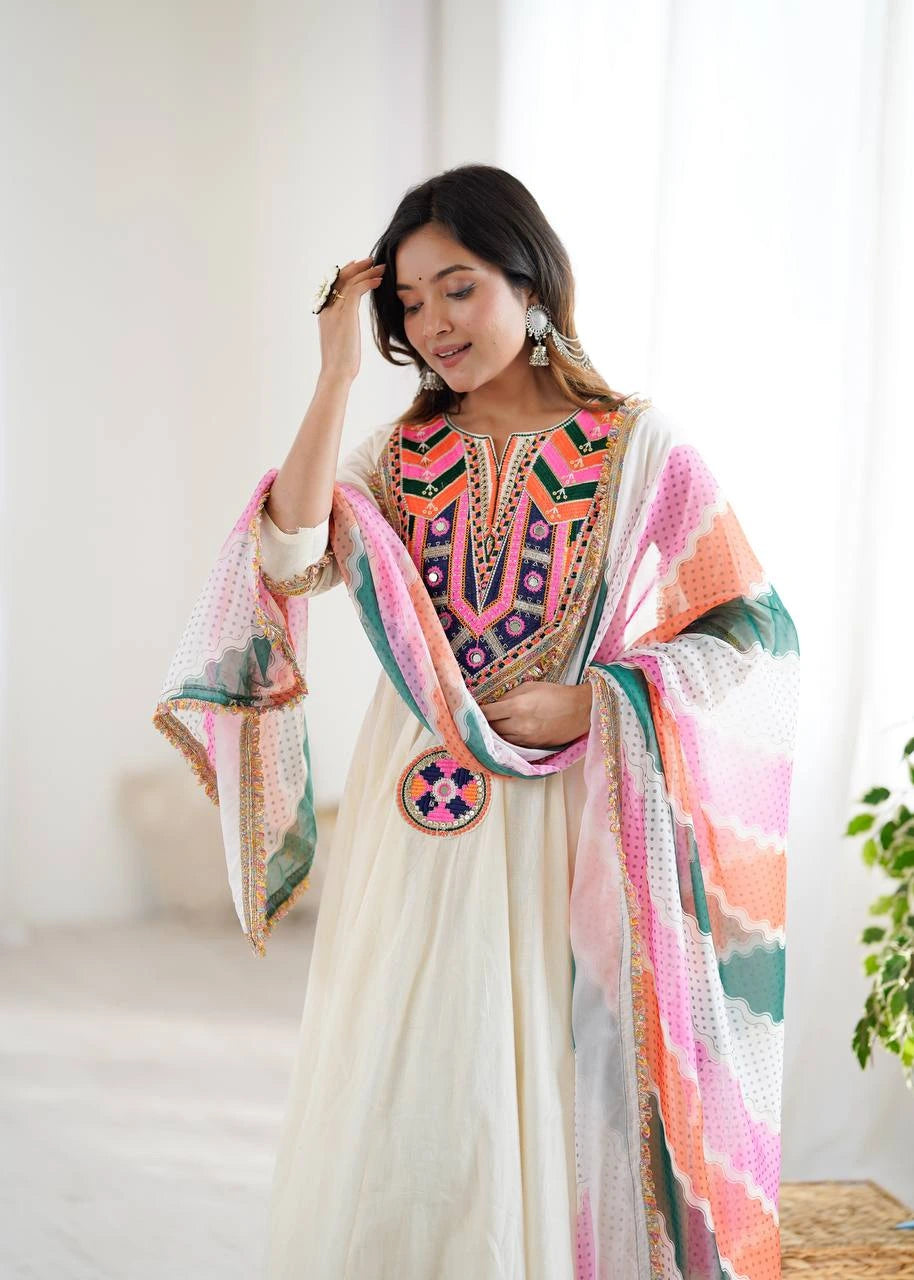 Off White Embroidery Sequins & Mirror Work Khadi Cotton Suit