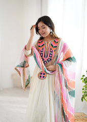 Off White Embroidery Sequins & Mirror Work Khadi Cotton Suit