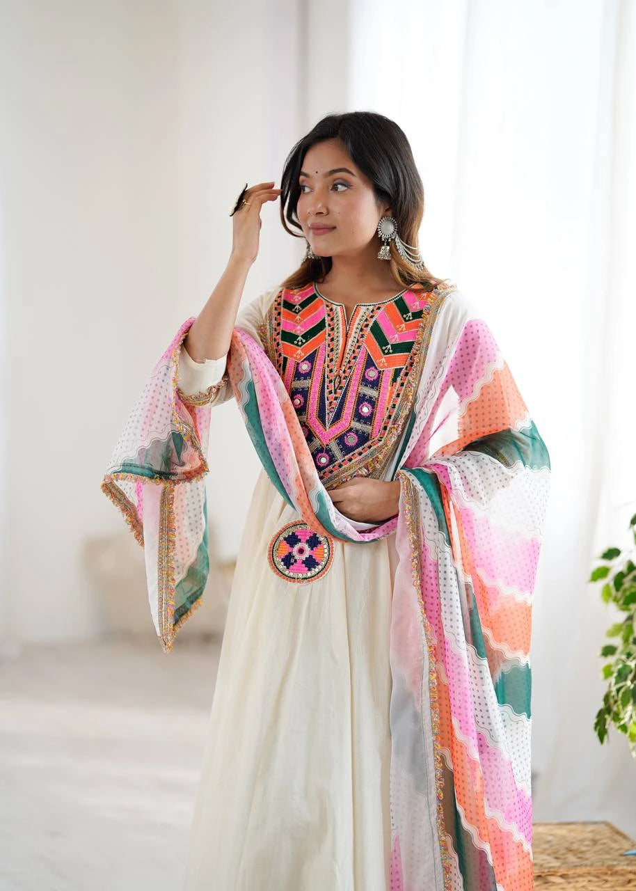 Off White Embroidery Sequins & Mirror Work Khadi Cotton Suit