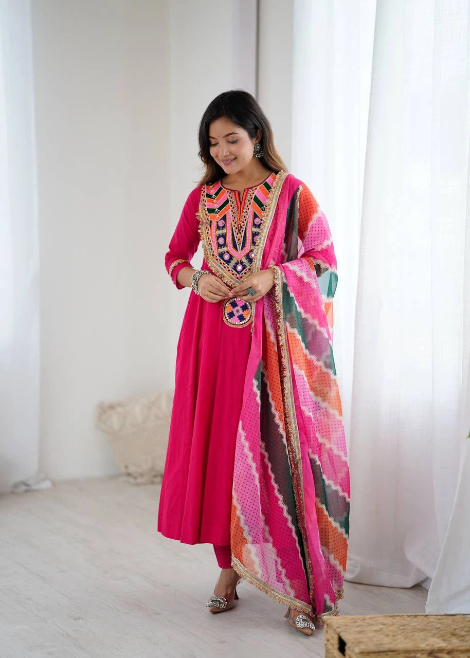 Dark Pink Embroidery Sequins & Mirror Work Khadi Cotton Suit
