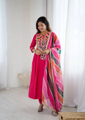 Dark Pink Embroidery Sequins & Mirror Work Khadi Cotton Suit