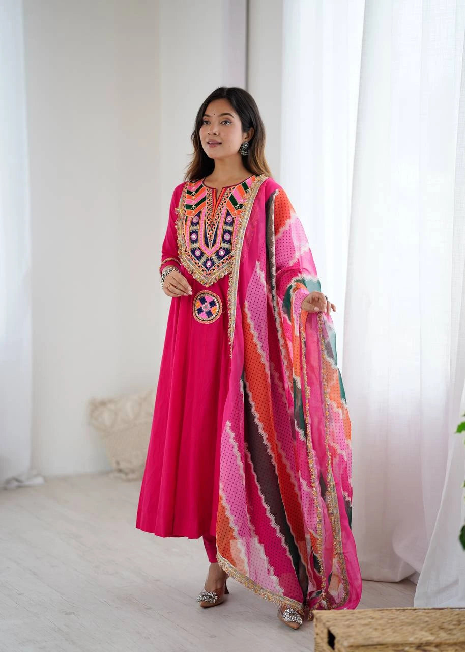 Dark Pink Embroidery Sequins & Mirror Work Khadi Cotton Suit