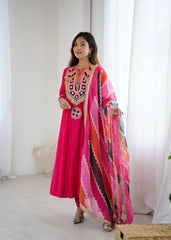Dark Pink Embroidery Sequins & Mirror Work Khadi Cotton Suit