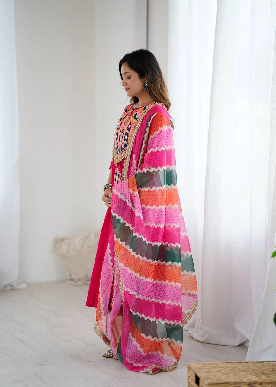 Dark Pink Embroidery Sequins & Mirror Work Khadi Cotton Suit