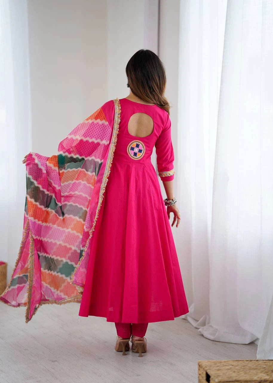 Dark Pink Embroidery Sequins & Mirror Work Khadi Cotton Suit