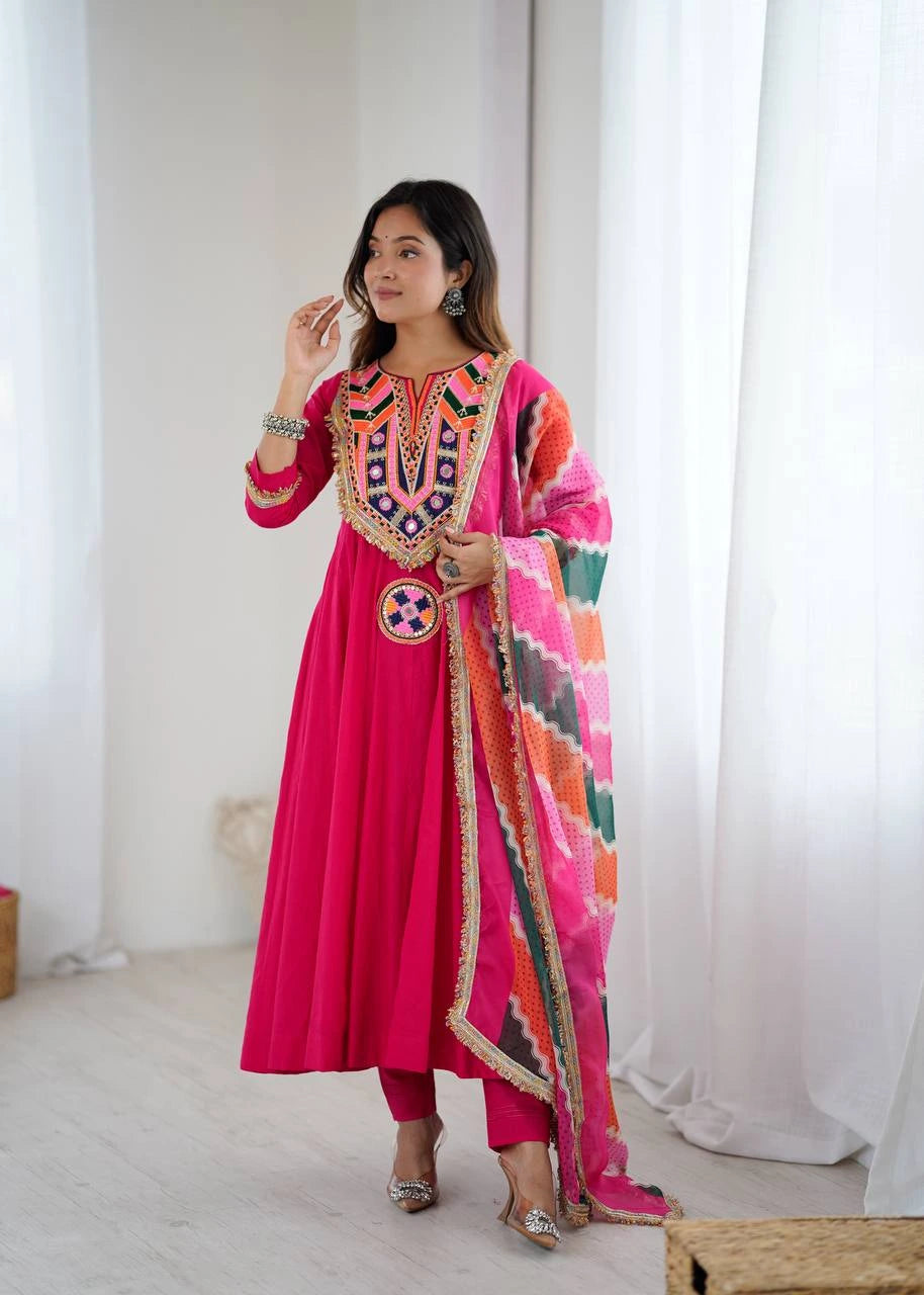Dark Pink Embroidery Sequins & Mirror Work Khadi Cotton Suit