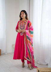 Dark Pink Embroidery Sequins & Mirror Work Khadi Cotton Suit