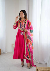 Dark Pink Embroidery Sequins & Mirror Work Khadi Cotton Suit