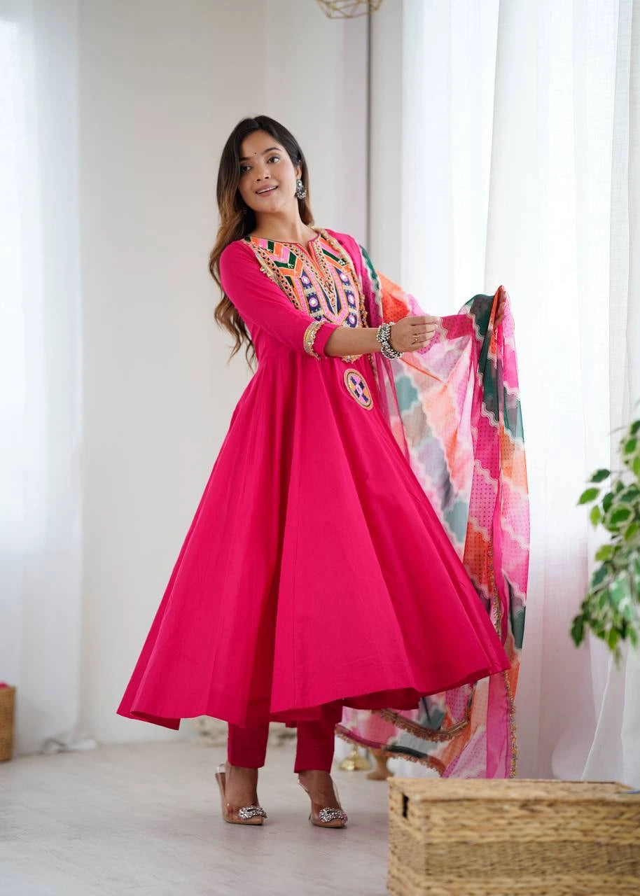 Dark Pink Embroidery Sequins & Mirror Work Khadi Cotton Suit