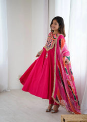 Dark Pink Embroidery Sequins & Mirror Work Khadi Cotton Suit