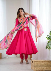 Dark Pink Embroidery Sequins & Mirror Work Khadi Cotton Suit